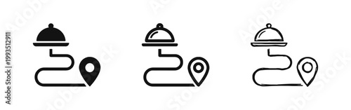 Food Delivery Tracking Icon Set with Cloche and Location Pin in Solid, Outline and Hand Drawn Styles