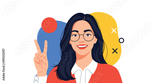 Young brunette woman with glasses showing peace sign gesture against vibrant abstract background representing positive lifestyle.
