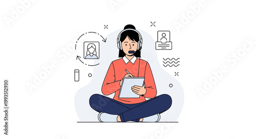 Customer service operator with headset writing notes, working remotely with online support.