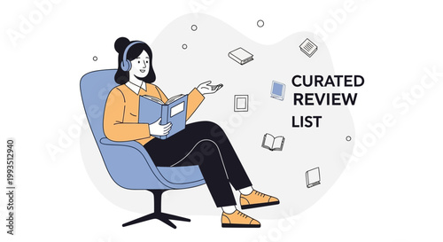 Woman with headphones reading book, surrounded by floating books and text 'Curated Review List'
