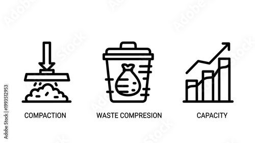 Industrial icons representing waste compaction compression techniques and container capacity metrics for sanitation management systems with compaction compression capacity industry management