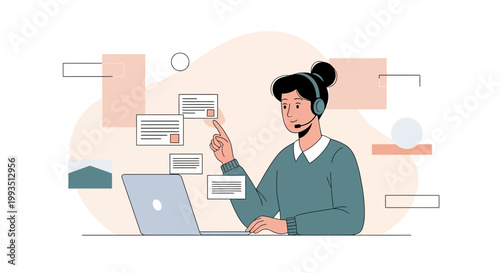 Customer service operator with headset and laptop, interacting with digital interface