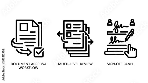 Set of document approval workflow and review process icons for business management with document approval workflow business management signature validation corporate professional administrati
