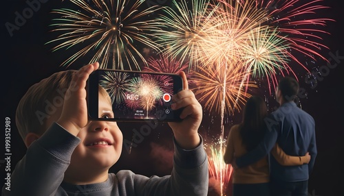 Young Child Recording Fireworks Display on Smartphone at Night