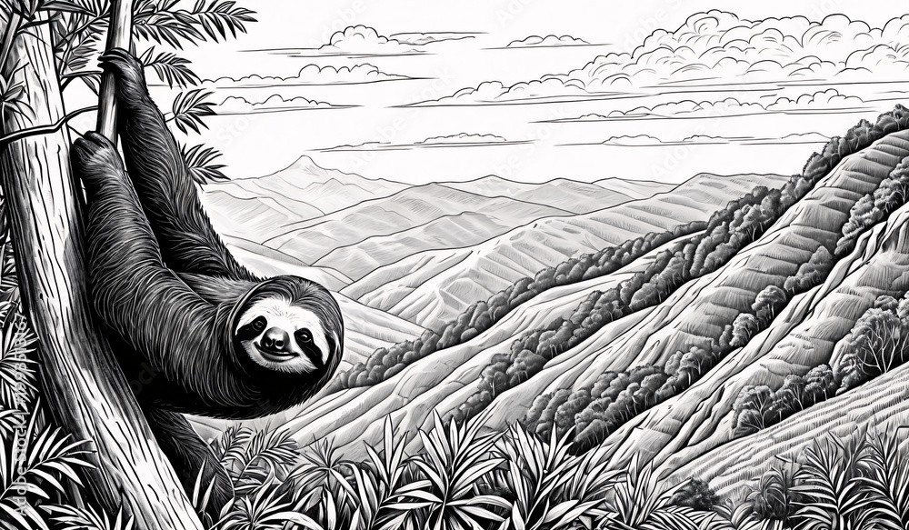 Fototapeta premium Black and white coloring book page, An arboreal creature waking up ready to move cautiously down 