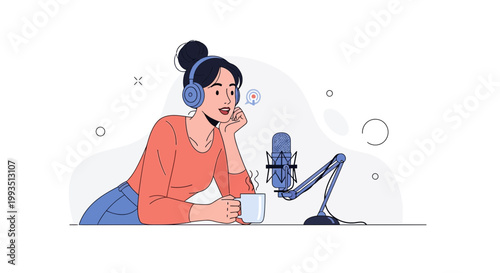 Woman with headphones recording podcast with microphone and coffee cup