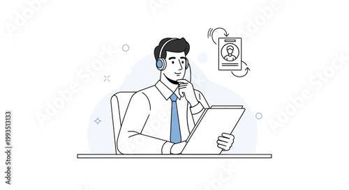 Customer service agent with headset and tablet, reviewing profile, business concept