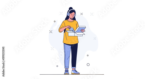 Woman with headphones unboxing a package, receiving a delivery, illustration