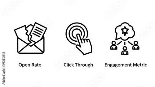 Set of marketing and engagement icons including email open rate click through rate social engagement metrics marketing engagement interaction communication business analytics analysis