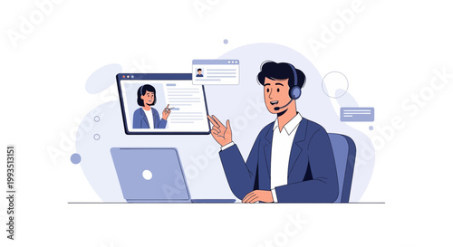 Customer service agent with headset on video call, laptop and computer screen