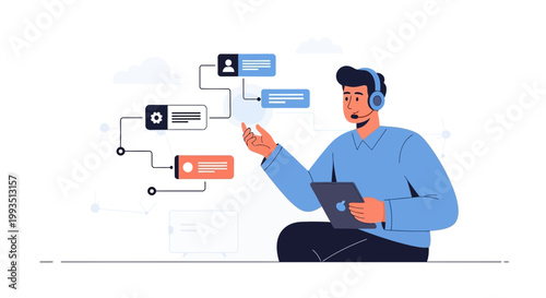 Customer service agent with headset and tablet, managing workflow and data