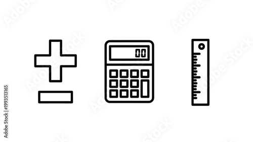 Mathematical calculation and measurement tools line icons with calculator measurement addition subtraction arithmetic education calculation geometry equation illustration engineering