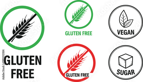 Gluten free and dietary label icon set featuring vegan sugar free symbols for food packaging vector illustration