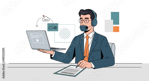 Customer service agent with headset and laptop, working at desk with documents and charts