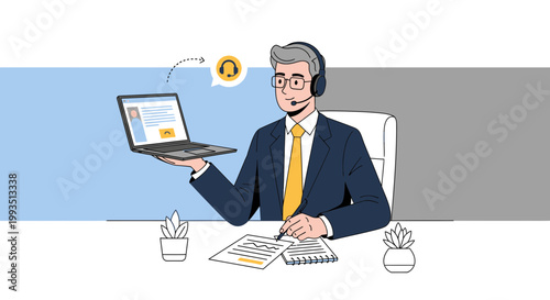 Customer service agent with headset and laptop, offering support and assistance