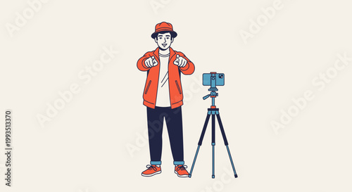Young man in hat filming himself with smartphone on tripod, pointing at camera
