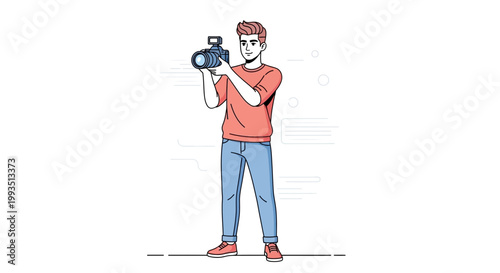 Young Man Holding Camera, Filming or Photographing, Vector Illustration