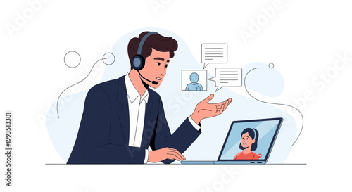 Customer service agent on video call with client, online communication, remote work