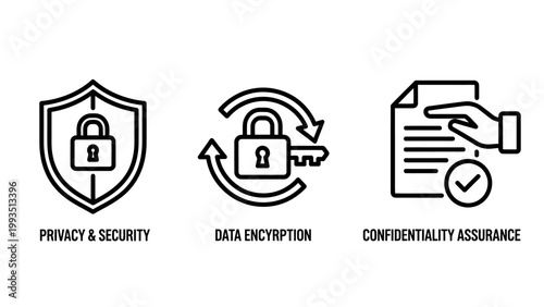Data security and privacy protection icons set with security protection encryption confidentiality document assurance verified authentication cybersecurity information business compliance
