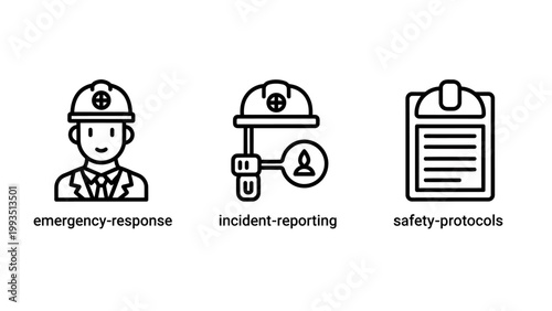 Industrial safety and incident reporting icon set for workplace risk management and protocols with industrial emergency incident reporting protocols clipboard compliance management protection