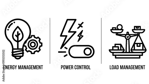Energy management and load distribution icons for industrial power control systems with management distribution industrial electricity lightbulb lightning technology optimization efficiency