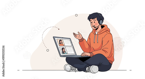 Young man in orange hoodie having a video call with two women on laptop