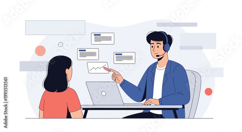 Customer service agent explaining graph to client on laptop, business meeting concept