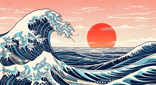 Japanese ukiyo-e style ocean wave with a red sun. Traditional oriental art and sea power. Massive blue waves crashing against the horizon during a bright sunset