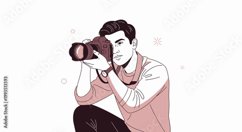 Young Man Photographer Crouching, Holding DSLR Camera, Taking Photo
