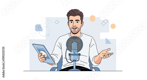 Young man podcasting with microphone and tablet, digital content creation, online communication