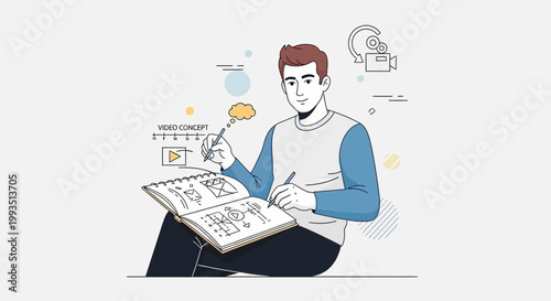 Young man sketching video concept ideas in notebook, creative process, brainstorming