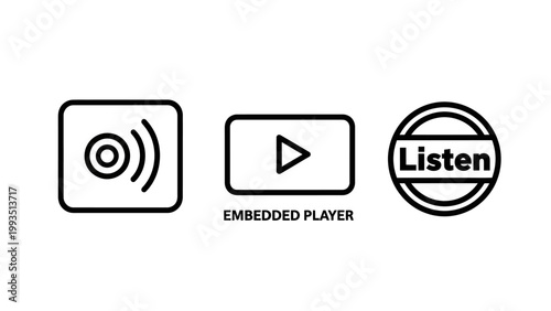 Embedded media player and digital audio listening icons set for web design with embedded interface streaming technology broadcast communication software internet application multimedia