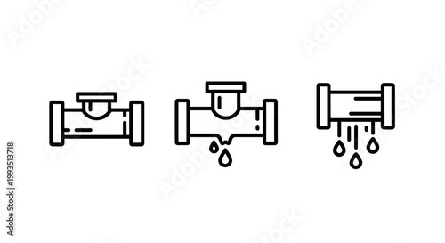 Pipe leakage icons set showing healthy pipe and water dripping from damaged pipelines with plumbing dripping industry pipeline infrastructure maintenance industrial technical engineering