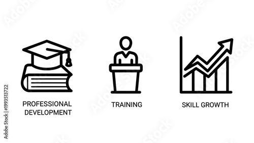 Professional development training and skill growth icons for educational business progress with professional development training education learning business advancement improvement graduation