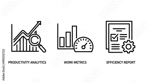 Productivity analytics work metrics and efficiency report icons set for business data analysis with productivity analytics efficiency business management performance analysis optimization