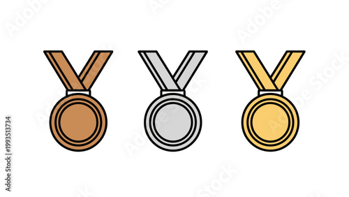 Three medals representing gold silver and bronze achievement awards with achievement competition recognition champion performance excellence accomplishment prestige collection