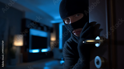 Intruder in dark home, person wearing a black balaclava peer inside a doorway, burglar tries to open the door, danger and insecurity concept