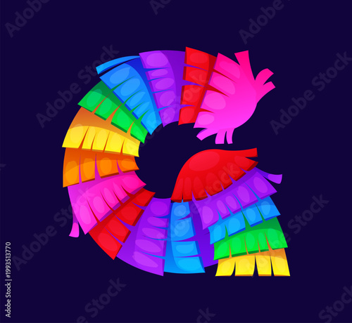 Cartoon pinata font letter G, Mexican holiday alphabet character. Vector English abc typeface with colorful paper fringe. Cinco de Mayo decorative uppercase typography for fiesta party and festival