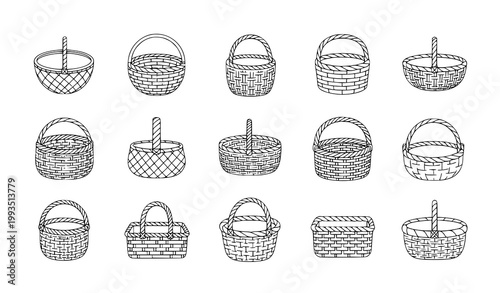 Handwoven basket outline icon collection with editable stroke showing woven storage containers vector