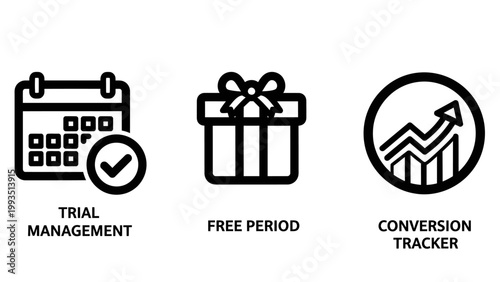 Business process icons set: trial management free period conversion tracker with calendar conversion business management tracking workflow marketing analytics subscription discount strategy