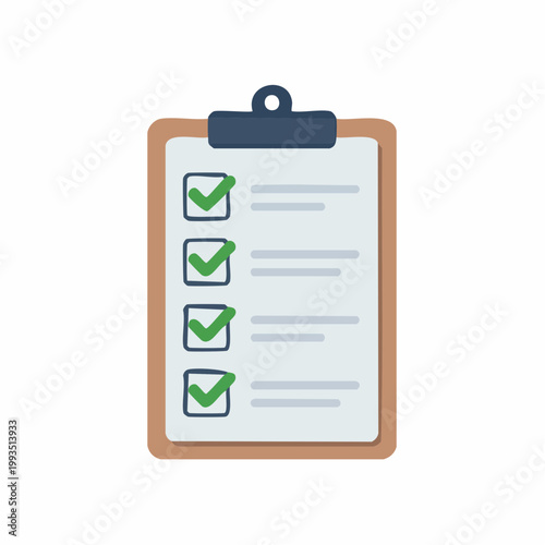A clipboard with a checklist and green checkmarks on a document in a simple graphic illustration style