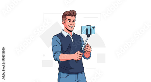 Young Man Taking Selfie with Smartphone on Selfie Stick, Vlogger Lifestyle