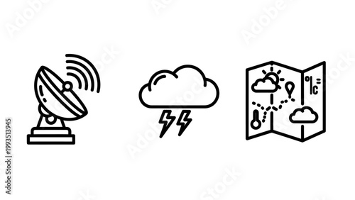 Set of weather icons featuring satellite dish communication storm cloud with lightning meteorological map forecast meteorology satellite communication lightning environment