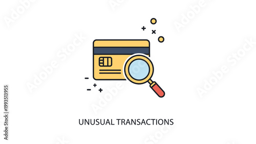 Fraud detection illustration featuring a credit card being scrutinized by a magnifying glass for unusual transactions transaction magnifying detection security investigation analysis protection