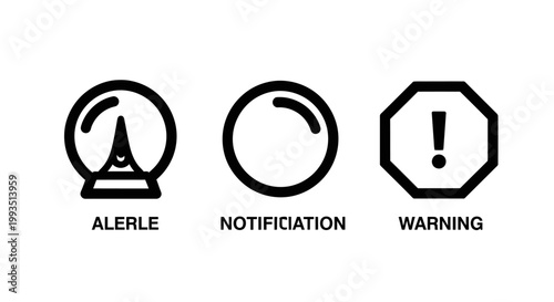 Set of black and white notification alert and warning icons with notification bell alert icon notification communication interface attention exclamation information alerting isolated