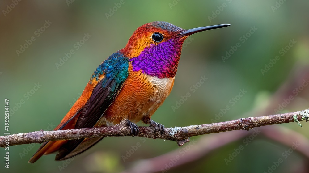 Obraz premium Hummingbird's colors change with backgrounds, making it more striking. Found in Mexico, these birds add beauty to gardens with blooming flowers.