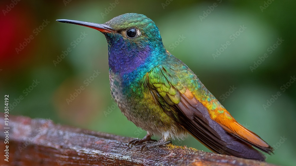 Naklejka premium Hummingbird's colors change with backgrounds, making it more striking. Found in Mexico, these birds add beauty to gardens with blooming flowers.