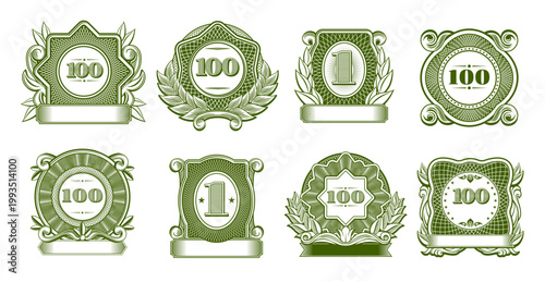 Money frames and watermarks for currency bill ornament elements, vector monetary guilloche patterns. Money frames for banknotes or vouchers with 1 and 100 numbers for currency or certificate guilloche