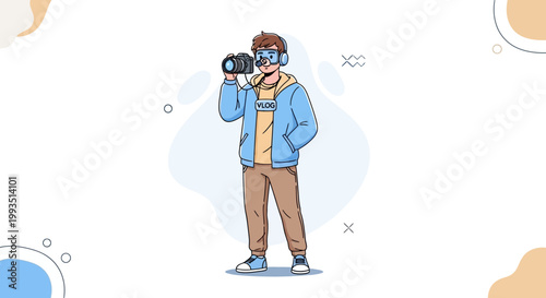 Young Man Vlogger with Camera and VR Goggles Recording Video, Lifestyle Concept