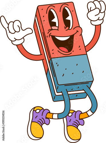 Groovy eraser or school education cartoon character with funny face, vector emoji. Groovy eraser character with silly smile and happy jumping or laughing for student supply or Y2K stationery emoticon